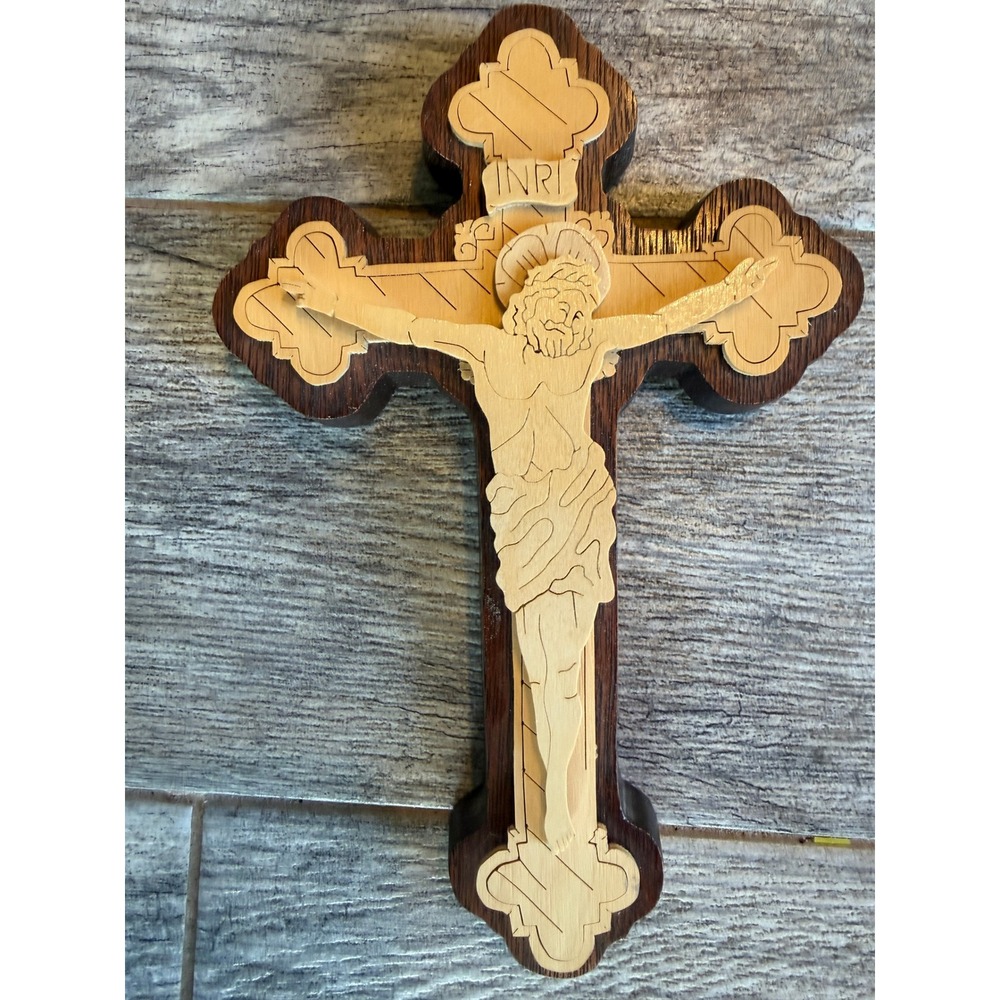 Jesus‎ Christ Cross Wall Crucifix 9" Brown Wood Laser Engraved Ornate Religious